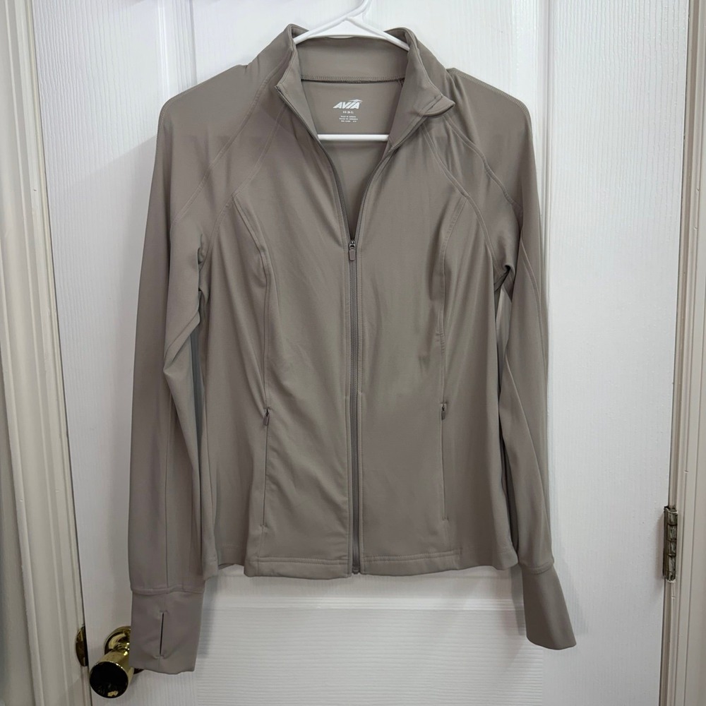 Avia gray beige athletic active full zip pocket thumb hole performance jacket XS